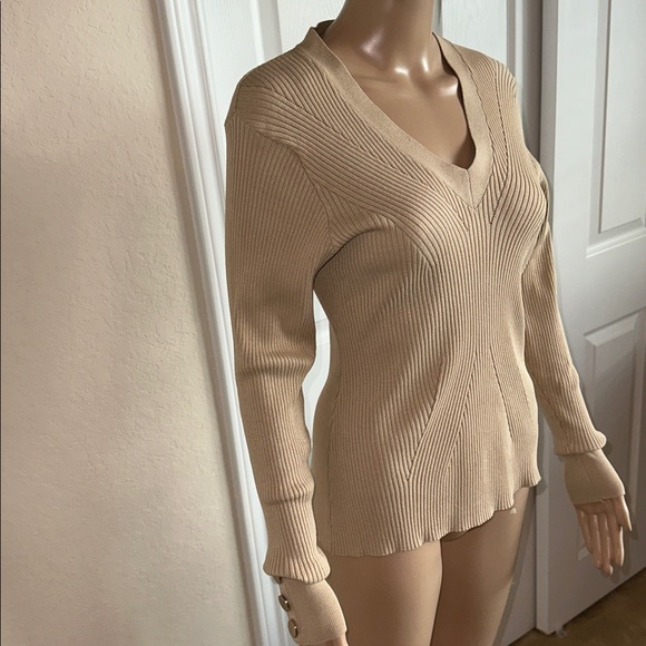 Guess Beige V-Neck Ribbed Sweater - Picture 2 of 16